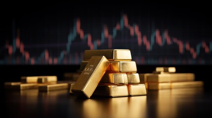Gold bars stacked on a dark surface near a financial chart