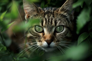 Tabby cat hiding in the bushes and peeking through the leaves