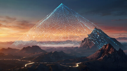 A visually stunning digital artwork showcasing a mountain range at sunset, overlaid with a glowing network mesh forming a geometric pyramid. Perfect for concepts involving metaverse.