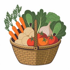 Vector style illustration of a basket full of different vegetables.