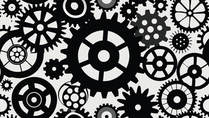 Black gears and cogwheels arranged in a mechanical pattern on a light background machinery