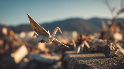 Origami crane in flight against nature background