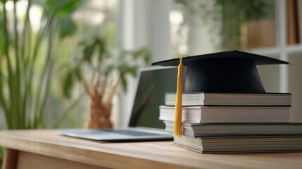 Graduation cap on a stack of books home office setting