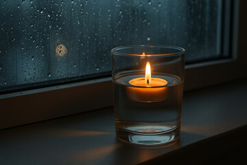 Candle Flame on a Rainy Night: Atmospheric Window Scene with Soft Focus v2