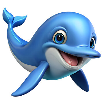 A cute blue cartoon dolphin smiling and isolated on transparent background