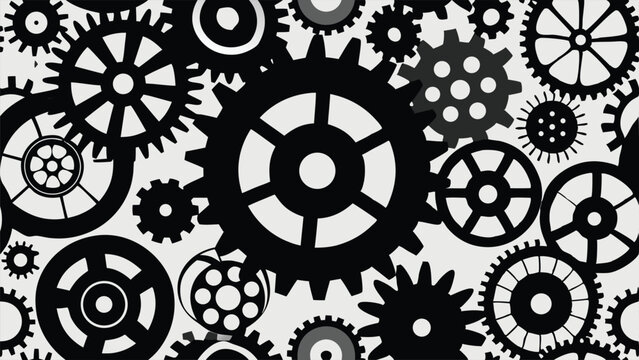 Black gears and cogwheels arranged in a mechanical pattern on a light background machinery