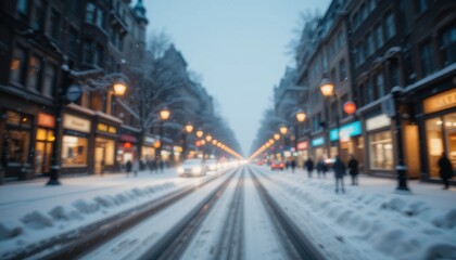 Close up Snowy City Street at Night with Blurred Lights and Reflections