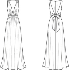 Elegant long evening gown fashion sketch, front and back view, sleeveless dress design template, women's formal wear illustration, minimalist line drawing.