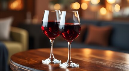 Two Glasses of Red Wine on Wood Table