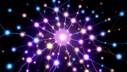 Neural Network Glowing: Abstract representation of a neural network, glowing with vibrant colors and interconnected nodes, symbolizing artificial intelligence, connection, and complexity.