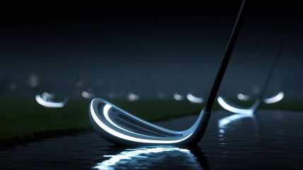 Glowing futuristic golf clubs at night