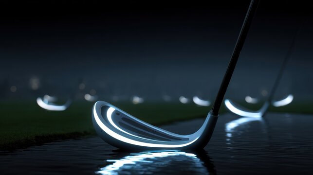 Glowing futuristic golf clubs at night - Powered by Adobe
