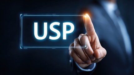 Businessman Touching USP Button in Dark Setting with Glowing Effect