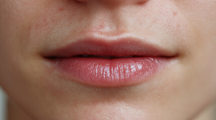 Close up of lips with cold sore scarring on philtrum area showing natural skin texture and slight redness, highlighting delicate lip detail and skin condition
