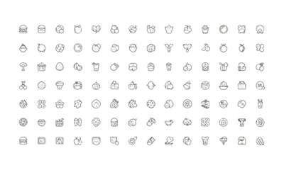 A  collection of thin line vector illustration icons in black different food-related concepts, such as burgers, fruits, drinks, meals, easily editable and scalable.