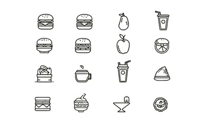 A  collection of thin line vector illustration icons in black different food-related concepts, such as burgers, fruits, drinks, meals, easily editable and scalable.