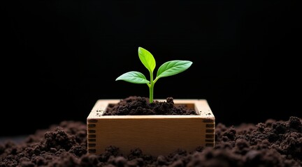 Small Plant Sprout in Wooden Box on Soil