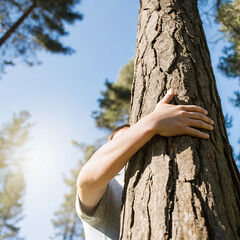 Person Embracing Large Tree Trunk in Autumn Forest: A Serene Nature Scene