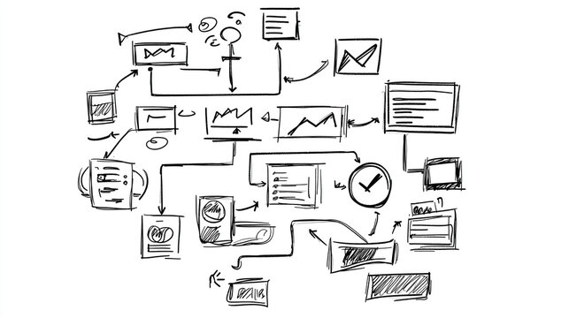 Product development pipeline sketch on whiteboard with flowchart, arrows, charts, clock, and notes illustrating planning and process steps in black ink