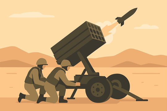 Soldiers Operating a Multiple Rocket Launcher in a Desert Landscape