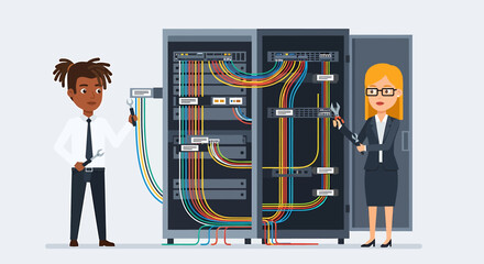 Tech Professionals Maintaining Complex Server Rack Wiring