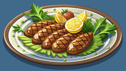 Lamb Kofte, Turkish-style, made in European eateries, are shaped into oval patties, grilled with visible herbs and seared crusts, artfully arranged with a lemon wedge.