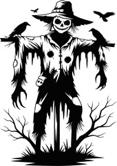 Creepy Scarecrow with Crows – Black and White Horror Halloween Illustration