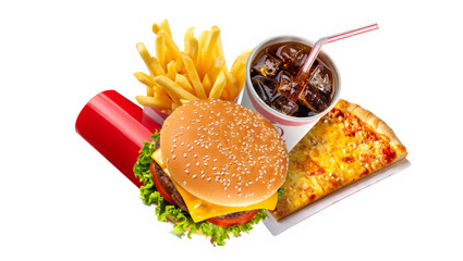 A collage of classic American fast food featuring a burger, fries, cola, and pizza with bright, even lighting.