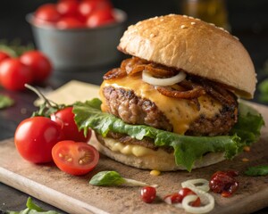 Cheeseburger with Toppings on Wooden Board with Tomatoes