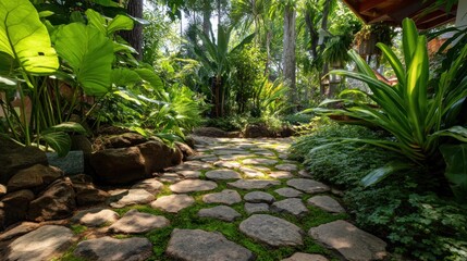 Tropical garden stone pathway
