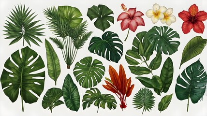 Set of different tropical and other isolated green leaves. Palm, banana leaf, hibiscus, plumeria, split leaf, philodendron. Jungle collection for your design.Vector illustration