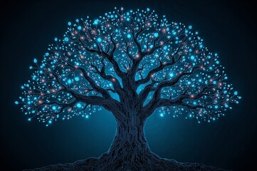 Digital Tree of Life with Glowing Blue and Red Dots