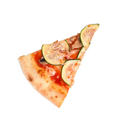 One slice of vegetarian pizza with zucchini. Isolated on white background.
