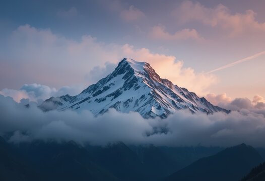 Close up Snowy Mountain Peak Emerging from Clouds