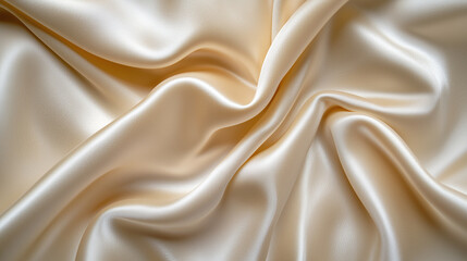 Fototapeta premium Silky satin fabric with smooth creamy beige surface and elegant flowing folds creating soft luxurious texture on light background, evoking sense of comfort and sophistication