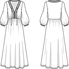 Long sleeve bohemian maxi dress fashion flat, front and back technical sketch, detailed dress design template, vector illustration for garment production