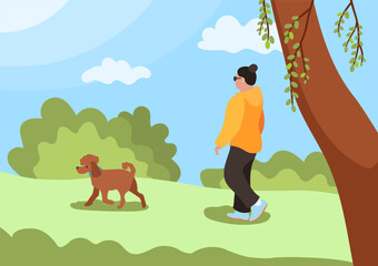 A woman in a yellow jacket walks her dog in the spring outside. Vector illustration.