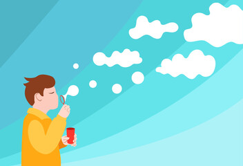The boy blows bubbles that turn into clouds on a blue background. Vector conceptual illustration. 