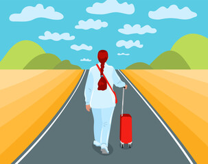 A girl with a red suitcase walks along the road among the fields. Vector conceptual illustration. Tourism, travel. 