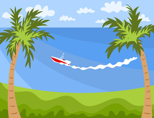 A white boat floats on the sea next to the shore and palm trees, a summer landscape. Vector illustration. Hand drawing