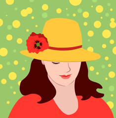 A beautiful woman in a yellow hat decorated with a poppy flower. On a green background. Vector illustration.