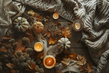 Flat-Lay Composition of Autumn Decor with Pumpkins, Candles, and Cozy Textiles