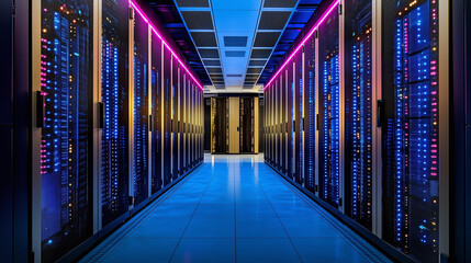 Data center corridor with illuminated server racks and colorful LED lights creating futuristic and vibrant atmosphere in high tech environment