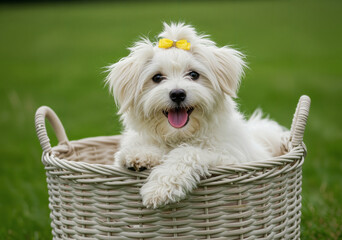 Adorable Maltese puppy with yellow bow smiling in a woven basket on grass
