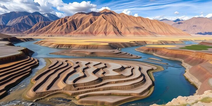 Striated river terraces along Tsarap River, Ladakh, showcasing Himalayan & Zanskar mountain backdrop,  stripes,   untouched nature