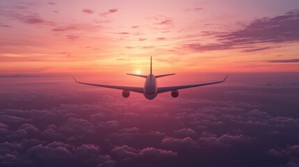Aircraft rising above the horizon with vivid sunset gradients, dreamy atmosphere, concept of new beginnings