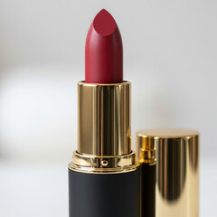 Realistic 3D Render of Red Lipstick in Gold Tube on Minimalist Background