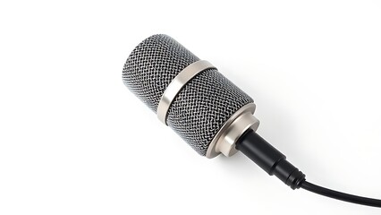 Obraz premium Professional microphone with detailed metal grille on a clean white surface under studio lighting.