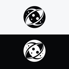 A modern abstract logo design with a planet and orbiting circles is isolated on white background
