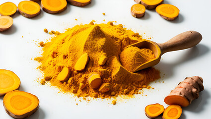 Heap of vibrant turmeric powder with wooden scoop and fresh turmeric slices, isolated on white background for culinary and health-focused designs